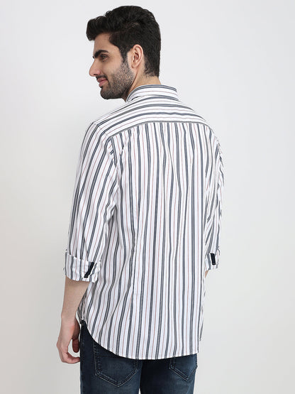 Raymond Men White Stripe Regular Fit Cotton Full Sleeve Casual Shirt