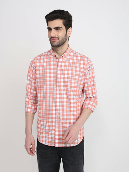 Raymond Men Orange Checks Regular Fit Cotton Full Sleeve Casual Shirt
