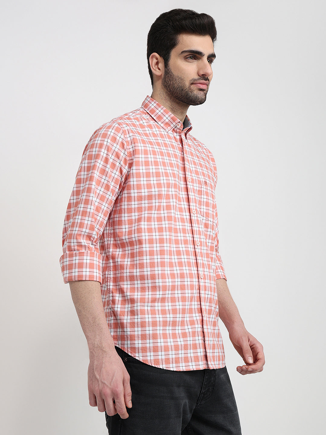 Raymond Men Orange Checks Regular Fit Cotton Full Sleeve Casual Shirt