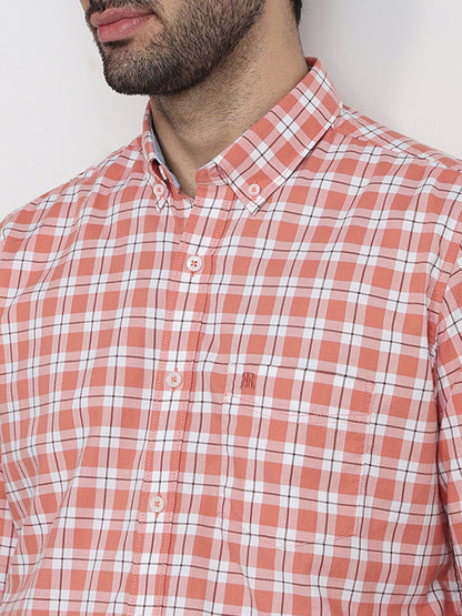 Raymond Men Orange Checks Regular Fit Cotton Full Sleeve Casual Shirt