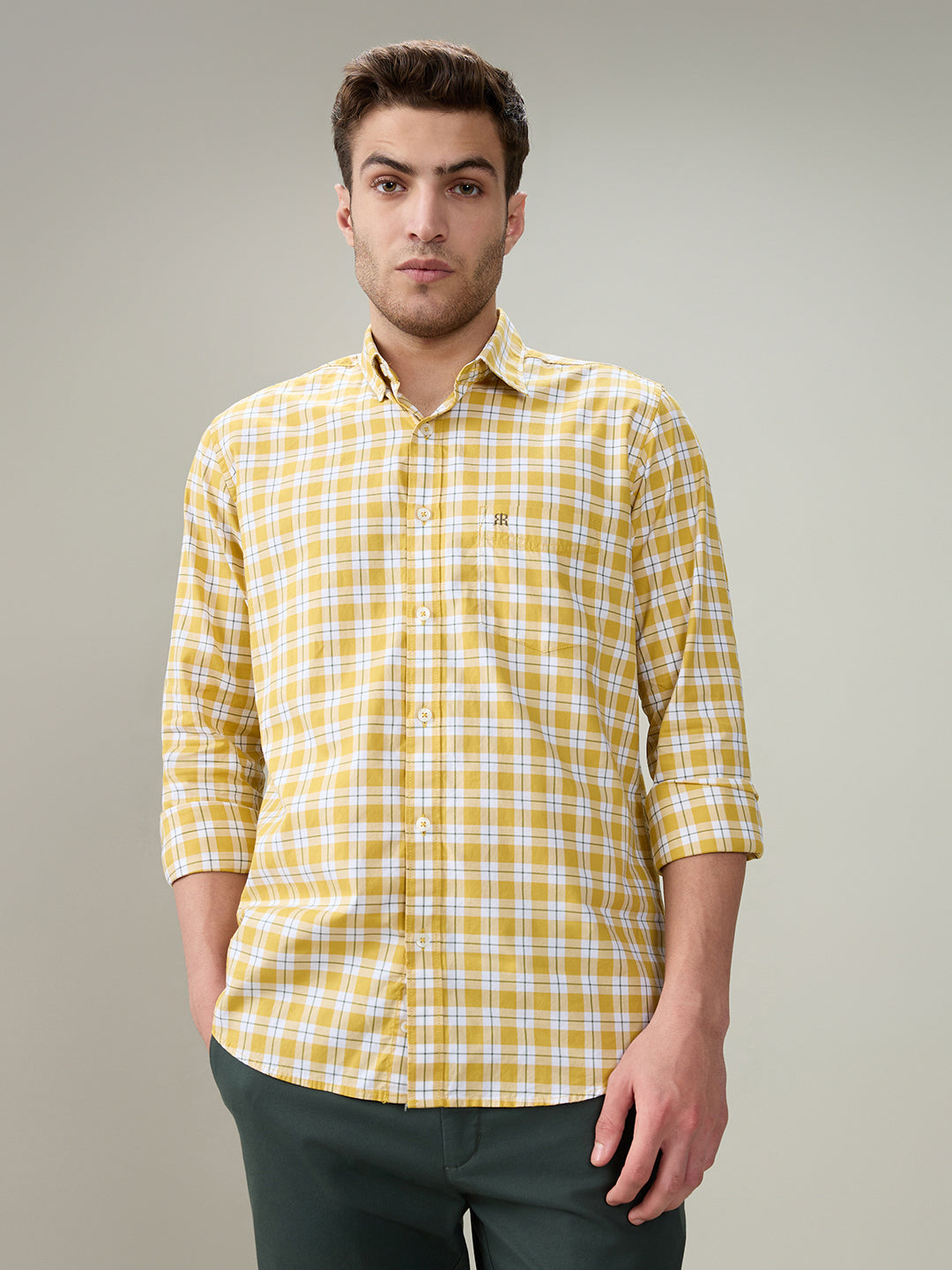 Raymond Men Yellow Checks Regular Fit Cotton Full Sleeve Casual Shirt