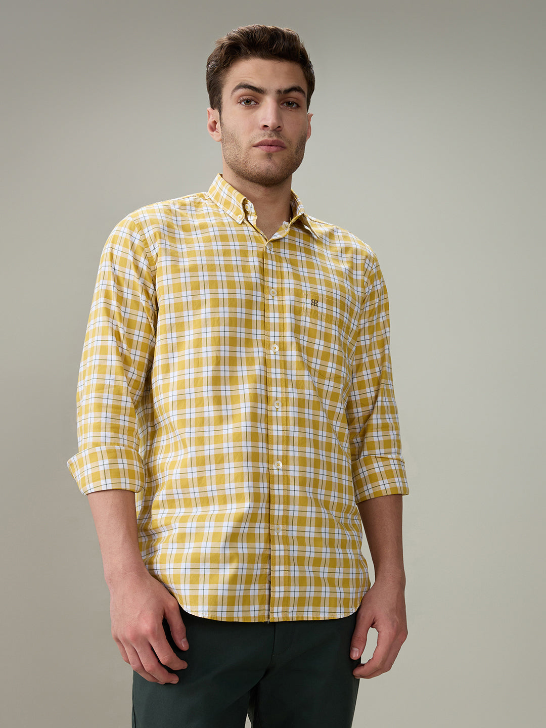 Raymond Men Yellow Checks Regular Fit Cotton Full Sleeve Casual Shirt