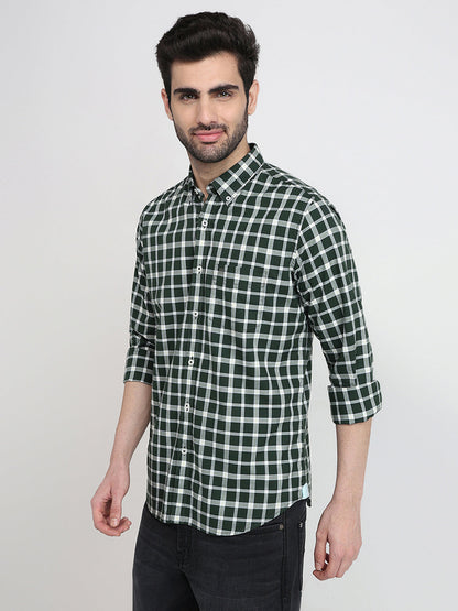 Raymond Men Green Checks Regular Fit Cotton Full Sleeve Regular Collar Casual Shirt