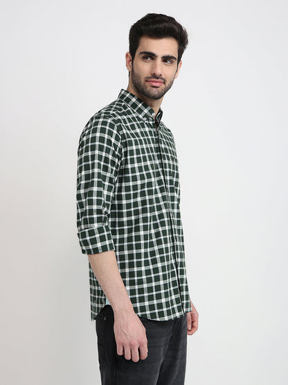 Raymond Men Green Checks Regular Fit Cotton Full Sleeve Regular Collar Casual Shirt