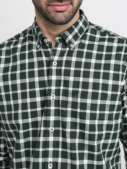 Raymond Men Green Checks Regular Fit Cotton Full Sleeve Regular Collar Casual Shirt
