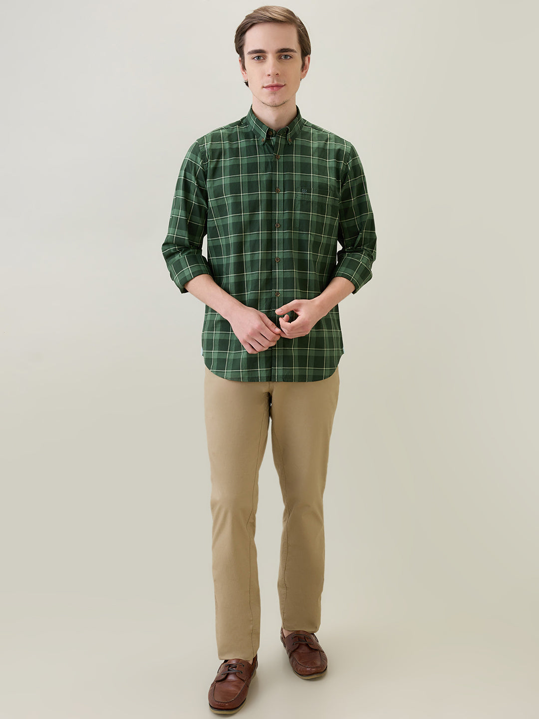 Raymond Men Green Checks Regular Fit Cotton Full Sleeve Casual Shirt