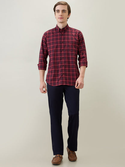 Raymond Men Brown Checks Regular Fit Cotton Full Sleeve Casual Shirt