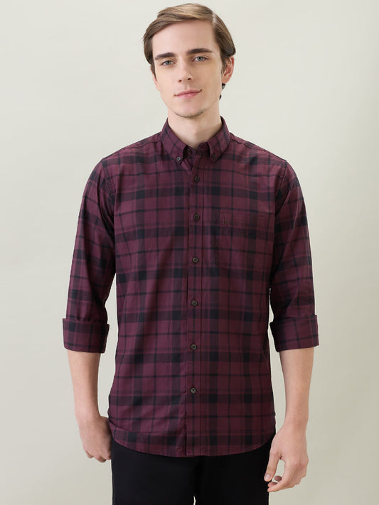 Raymond Men Brown Checks Regular Fit Cotton Full Sleeve Casual Shirt