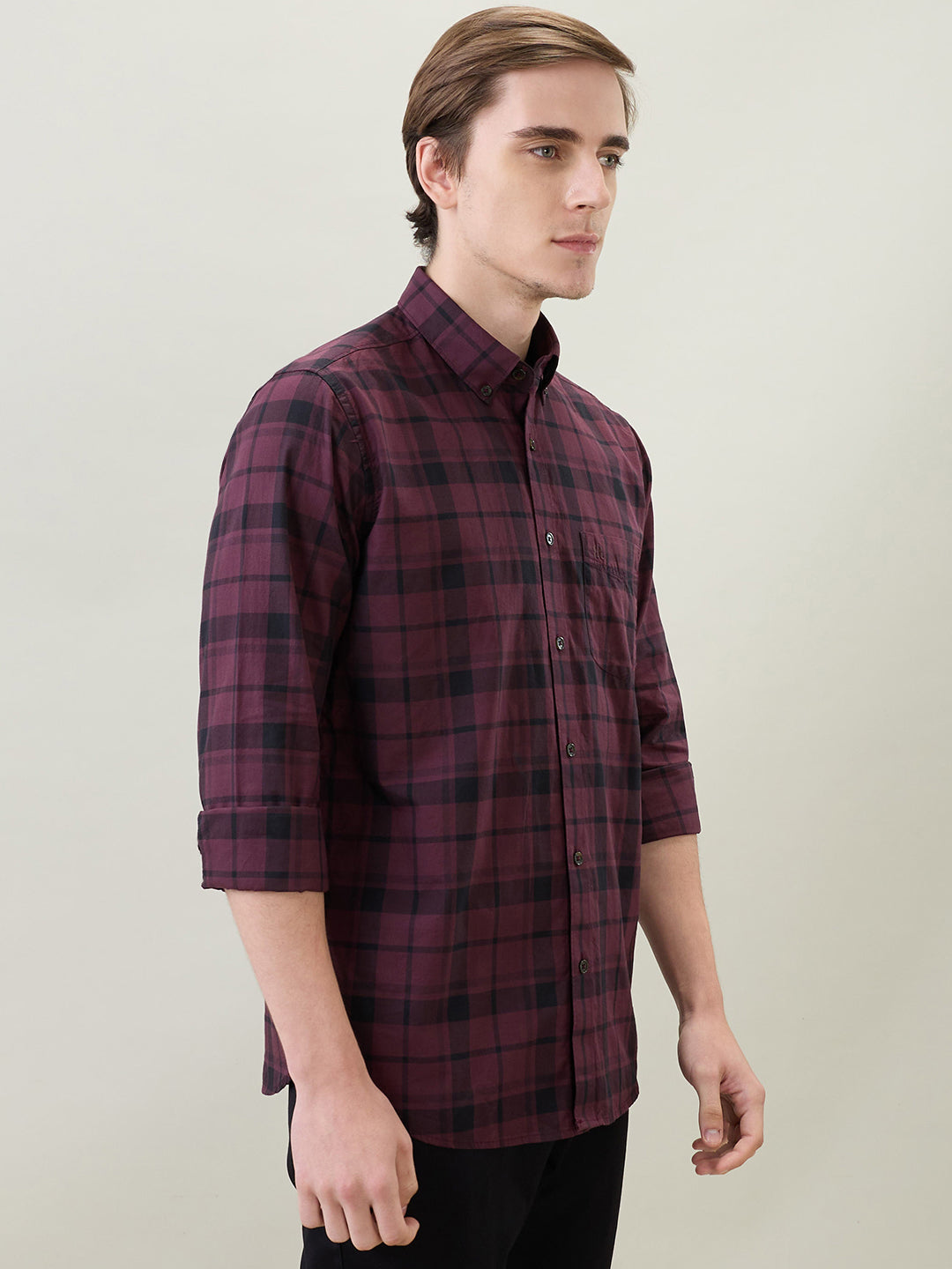 Raymond Men Brown Checks Regular Fit Cotton Full Sleeve Casual Shirt