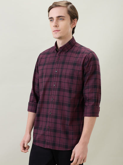 Raymond Men Brown Checks Regular Fit Cotton Full Sleeve Casual Shirt