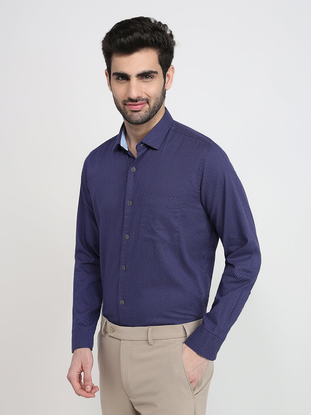 Raymond Men Blue Printed Regular Fit Cotton Full Sleeve Regular Collar Casual Shirt