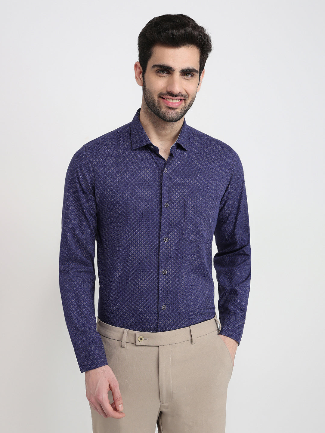 Raymond Men Blue Printed Regular Fit Cotton Full Sleeve Regular Collar Casual Shirt