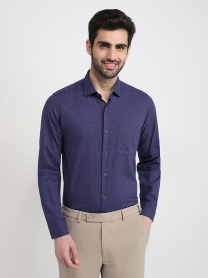 Raymond Men Blue Printed Regular Fit Cotton Full Sleeve Regular Collar Casual Shirt