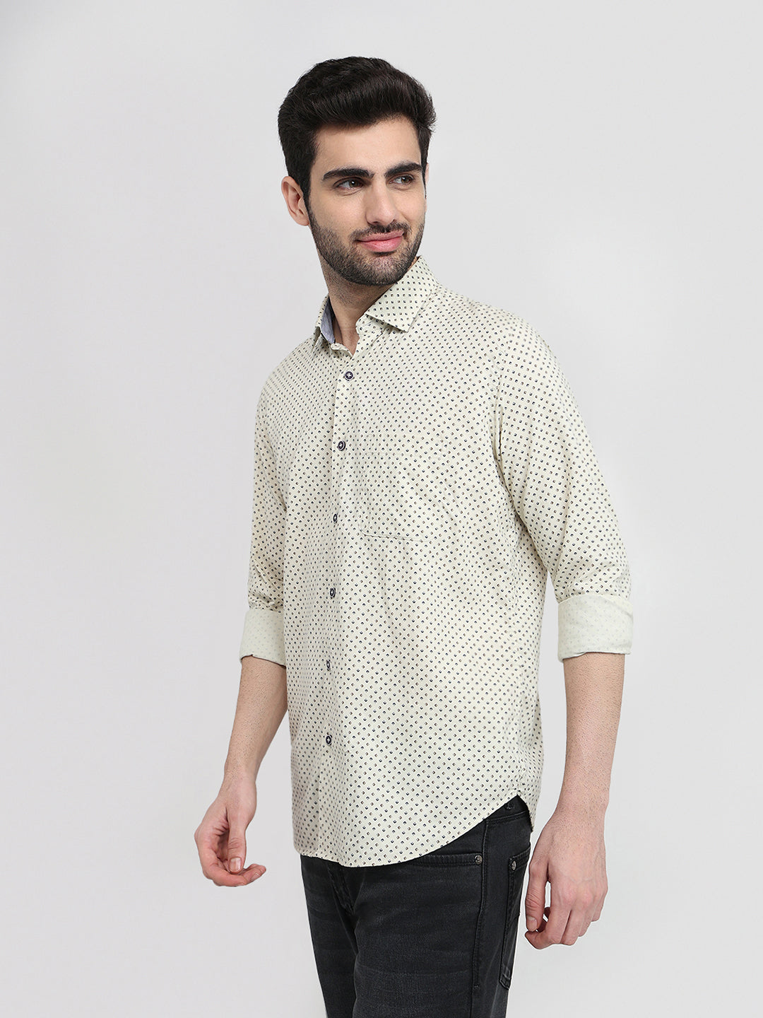 Raymond Men Yellow Printed Regular Fit Cotton Full Sleeve Regular Collar Casual Shirt