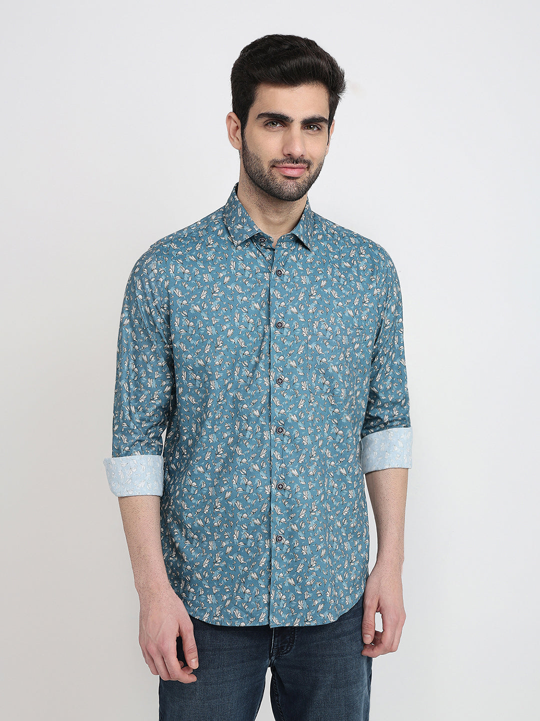 Raymond Men Blue Printed Regular Fit Cotton Blend Full Sleeve Casual Shirt