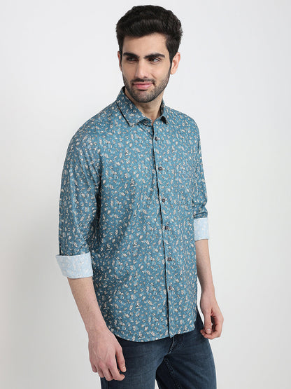 Raymond Men Blue Printed Regular Fit Cotton Blend Full Sleeve Casual Shirt