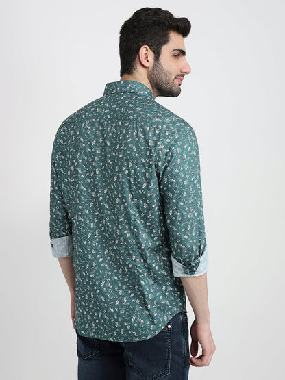 Raymond Men Green Printed Regular Fit Cotton Blend Full Sleeve Casual Shirt