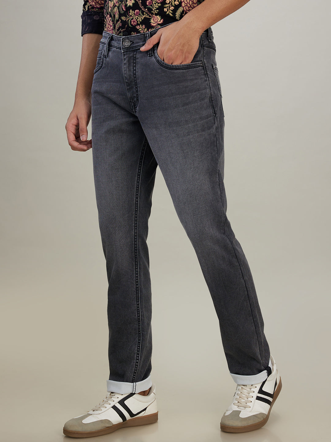 Raymond Men Grey Solid Slim Fit Cotton Blend Jeans