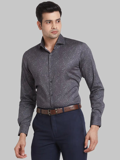 Men Grey Slim Print Cotton Shirts