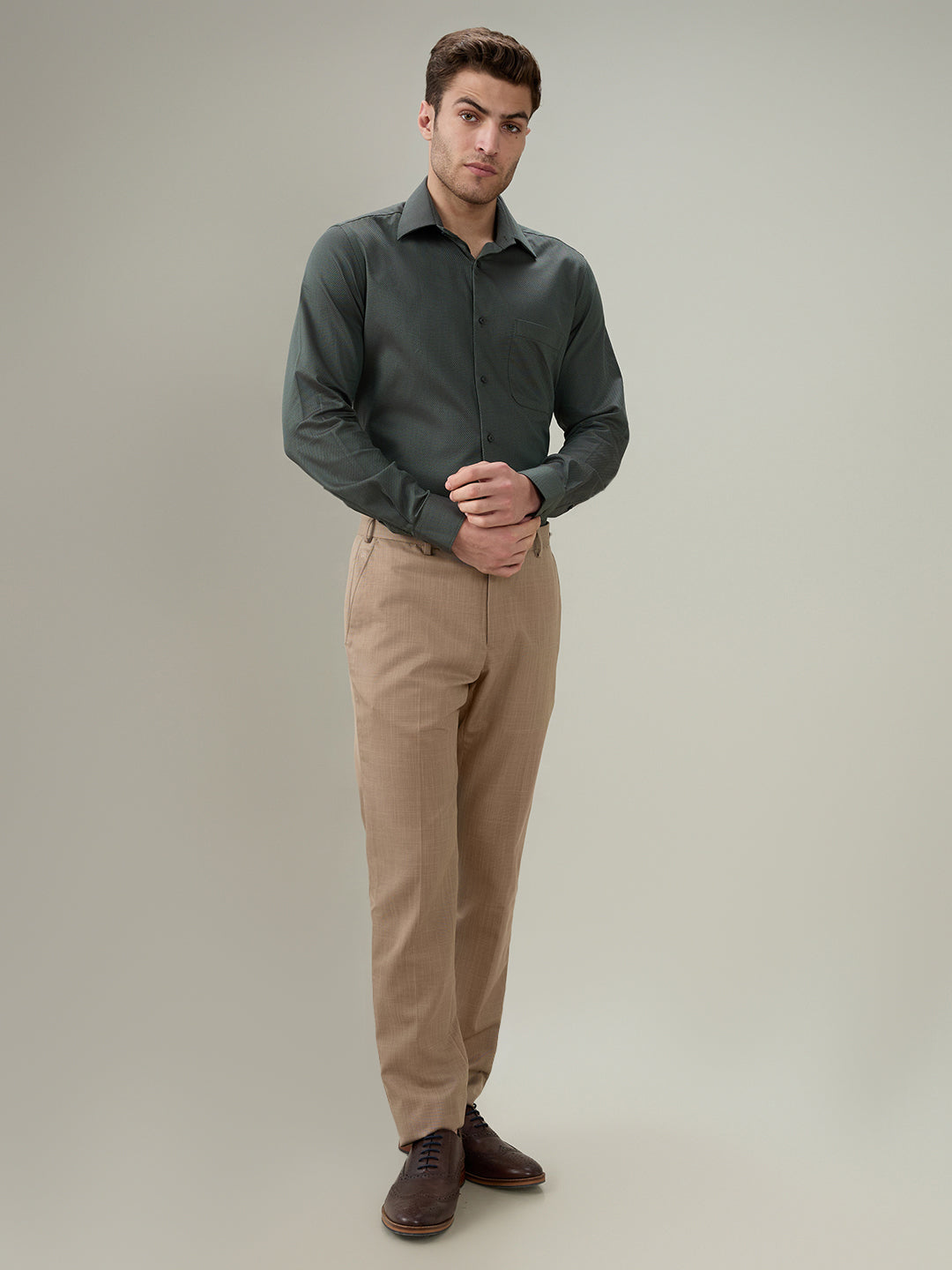 Raymond Men Green Structure Regular Fit Cotton Full Sleeve Formal Shirt