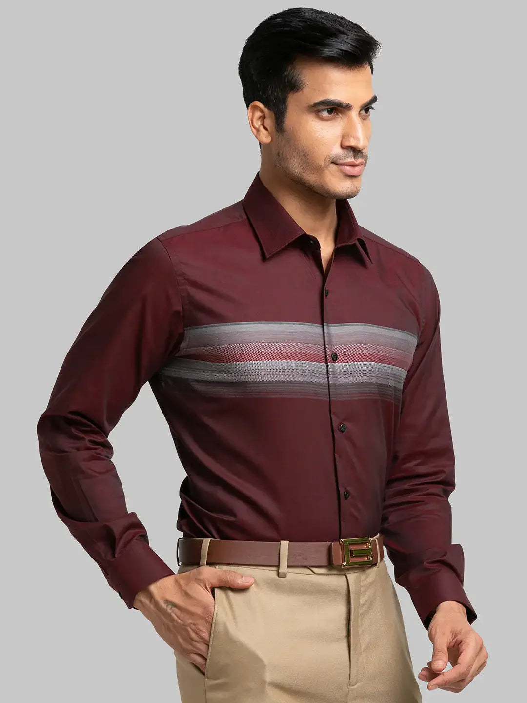 Men Maroon Contemporary Fit Barre Cotton Shirts