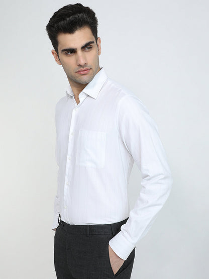 Raymond Men Grey Stripe Contemporary Fit Cotton Blend Full Sleeve Formal Shirt