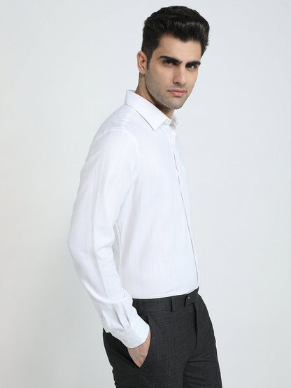 Raymond Men Grey Stripe Contemporary Fit Cotton Blend Full Sleeve Formal Shirt