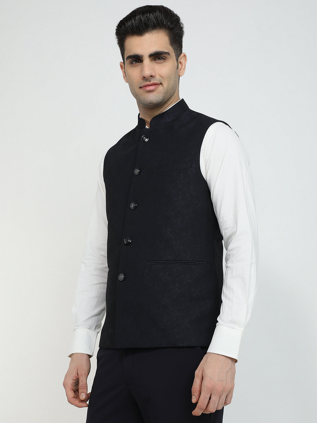 Raymond Men Blue Jacquard Contemporary Fit Polyester Waist Coat