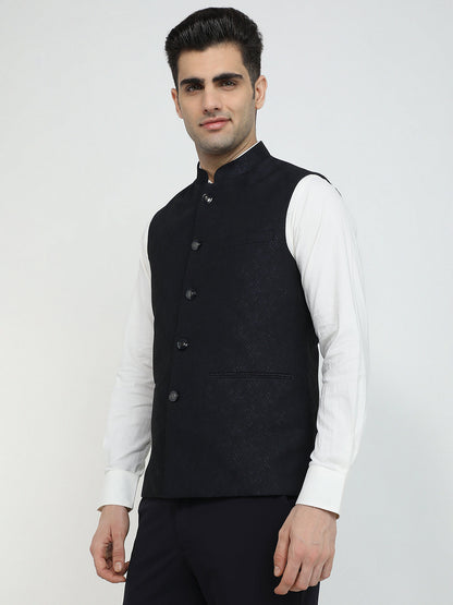 Raymond Men Blue Jacquard Contemporary Fit Polyester Waist Coat