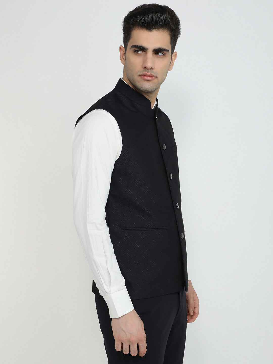 Raymond Men Blue Jacquard Contemporary Fit Polyester Waist Coat