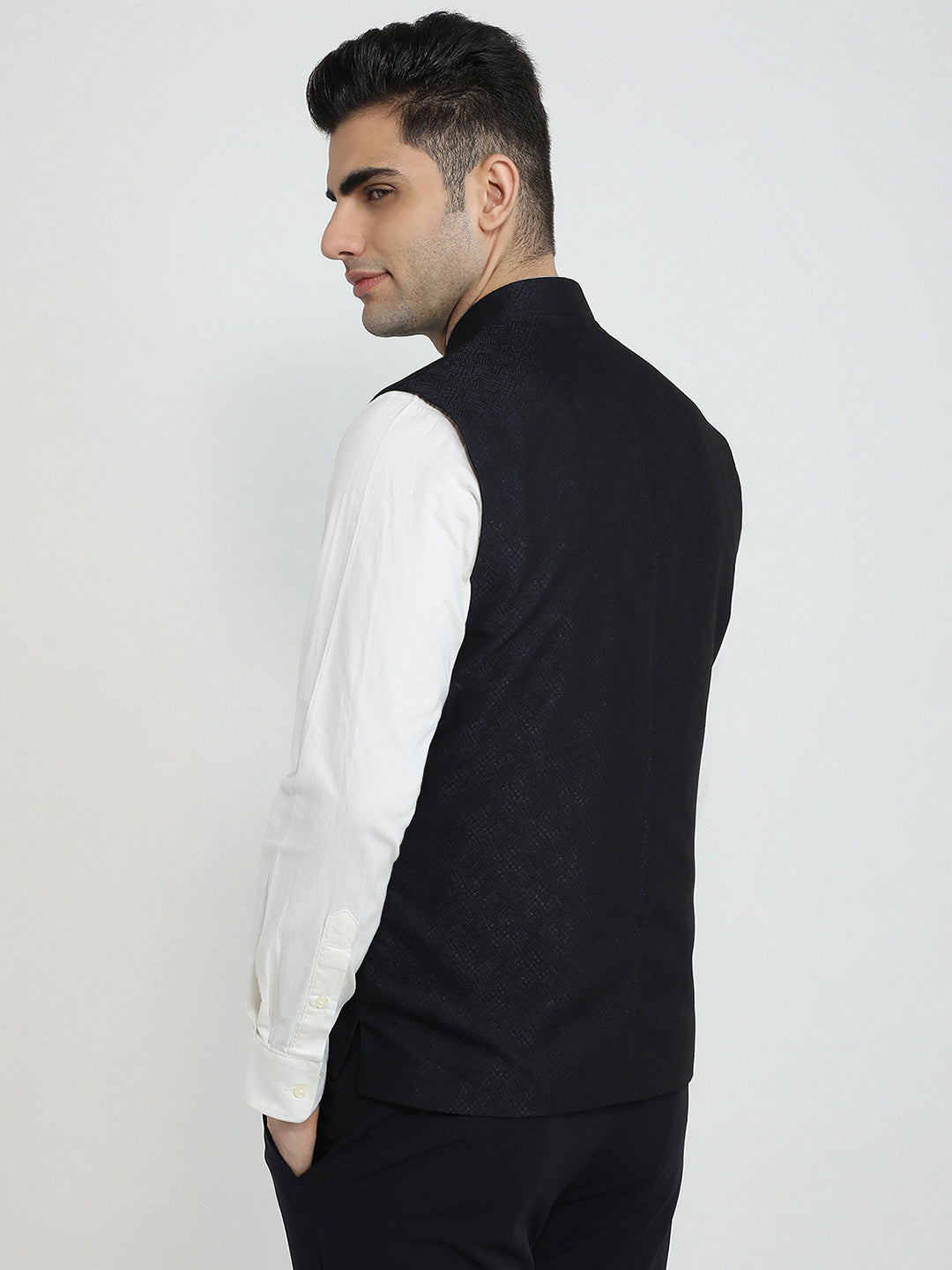 Raymond Men Blue Jacquard Contemporary Fit Polyester Waist Coat