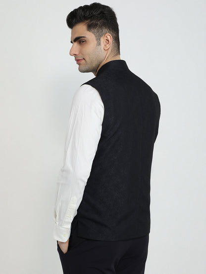 Raymond Men Blue Jacquard Contemporary Fit Polyester Waist Coat