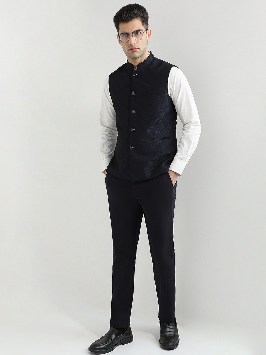 Raymond Men Blue Jacquard Contemporary Fit Polyester Waist Coat