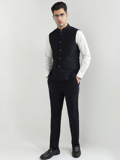 Raymond Men Blue Jacquard Contemporary Fit Polyester Waist Coat