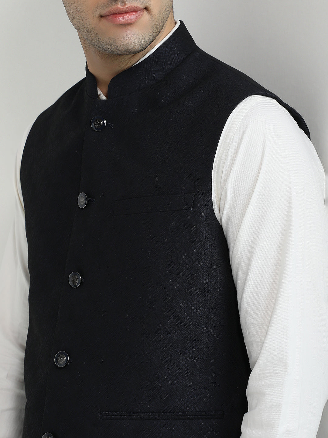 Raymond Men Blue Jacquard Contemporary Fit Polyester Waist Coat