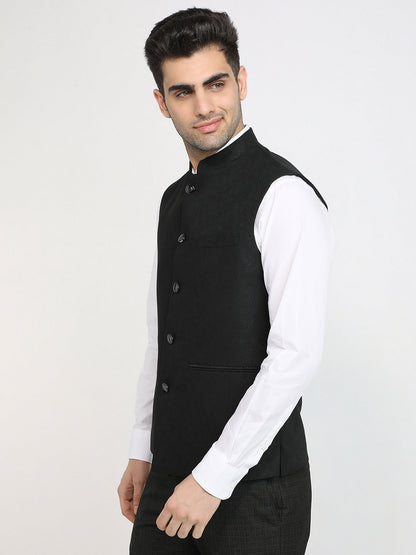 Raymond Men Black Jacquard Contemporary Fit Polyester Waist Coat