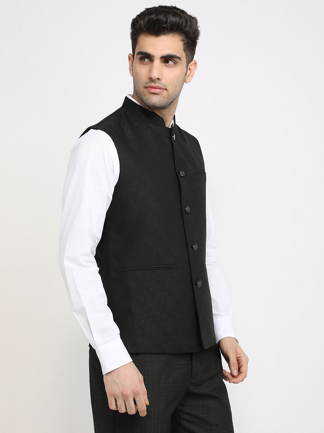 Raymond Men Black Jacquard Contemporary Fit Polyester Waist Coat