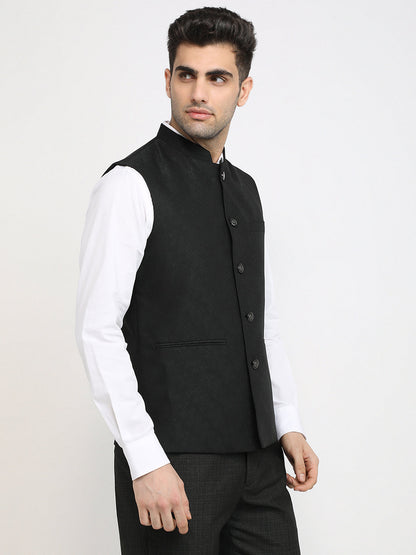 Raymond Men Black Jacquard Contemporary Fit Polyester Waist Coat