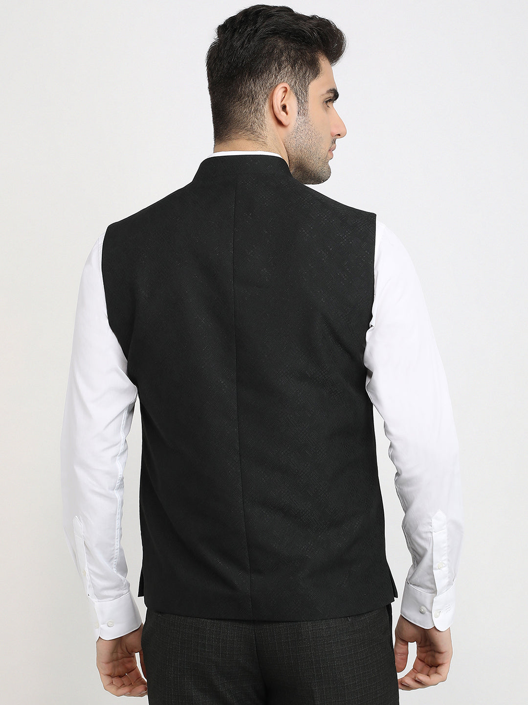 Raymond Men Black Jacquard Contemporary Fit Polyester Waist Coat
