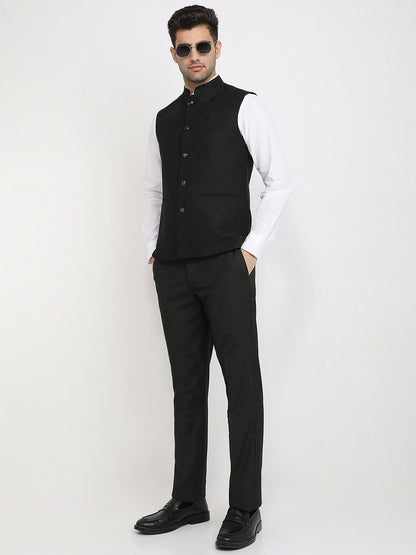 Raymond Men Black Jacquard Contemporary Fit Polyester Waist Coat