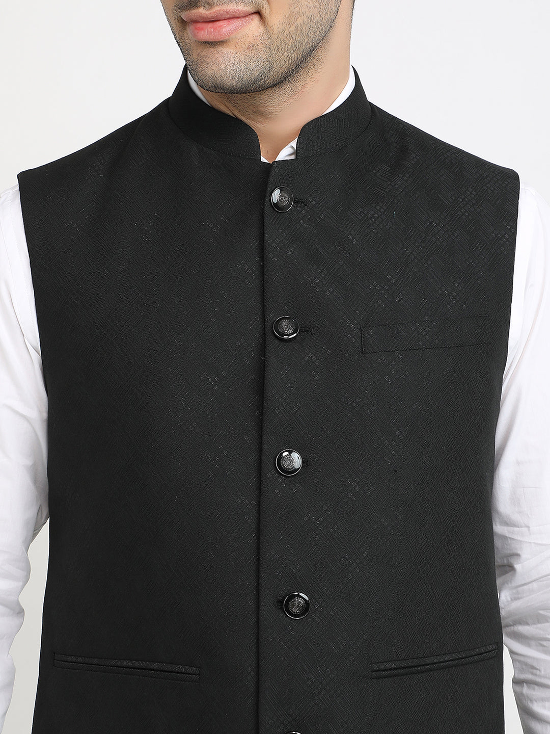 Raymond Men Black Jacquard Contemporary Fit Polyester Waist Coat