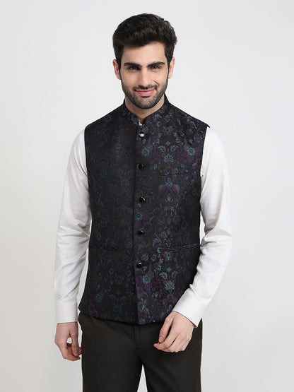 Raymond Men Black Jacquard Contemporary Fit Terry Blend Sleeveless Waist Coat