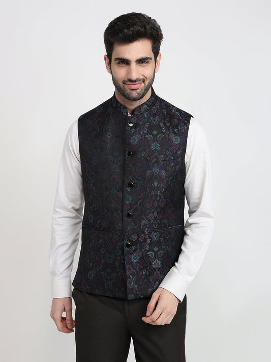 Raymond Men Black Jacquard Contemporary Fit Terry Blend Sleeveless Waist Coat