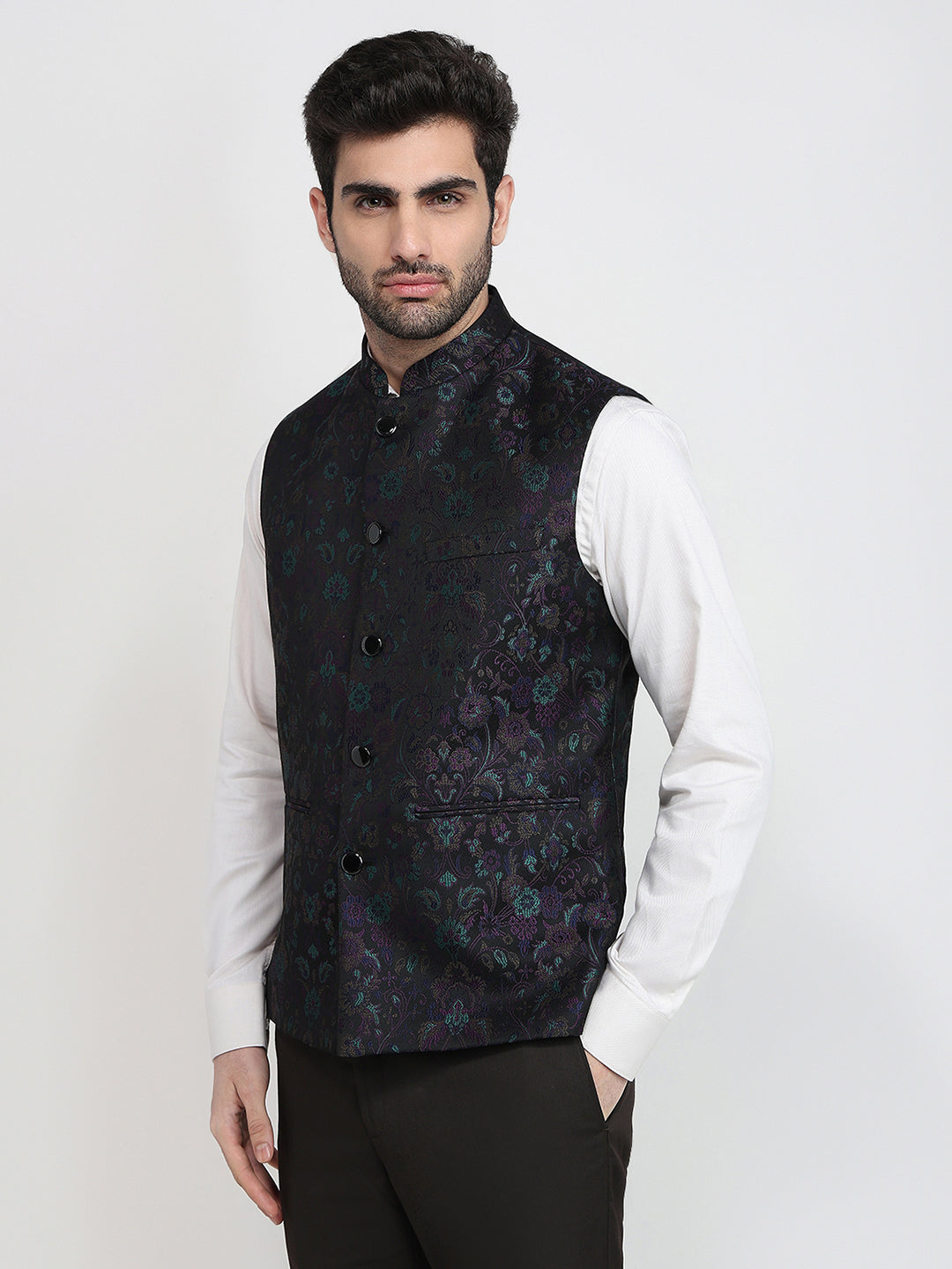 Raymond Men Black Jacquard Contemporary Fit Terry Blend Sleeveless Waist Coat