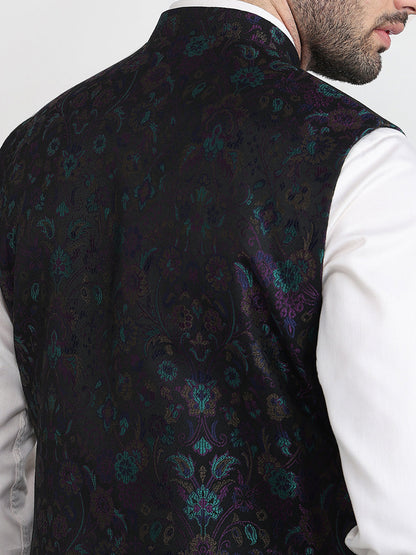 Raymond Men Black Jacquard Contemporary Fit Terry Blend Sleeveless Waist Coat