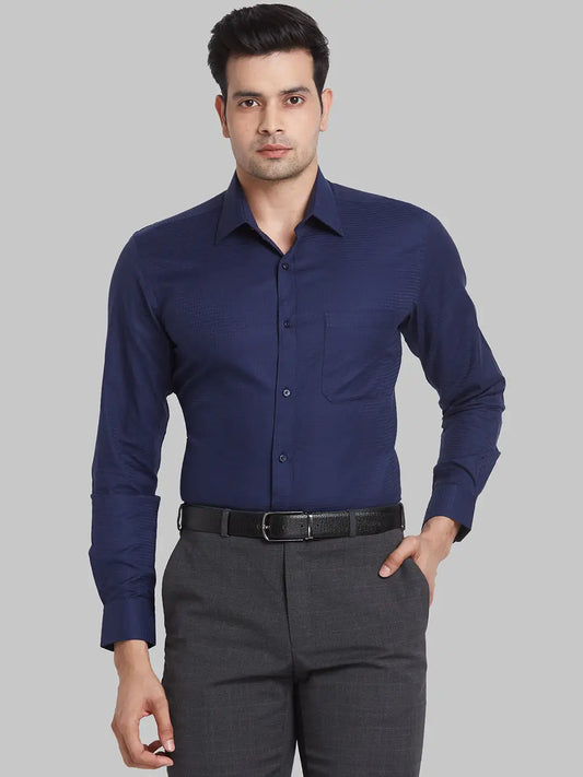 Men Blue Contemporary Fit Structure  Cotton Full Sleeve Regular Collar Shirts