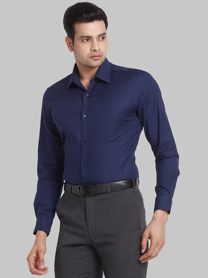 Men Blue Contemporary Fit Structure  Cotton Full Sleeve Regular Collar Shirts