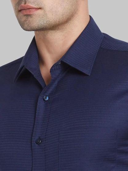 Men Blue Contemporary Fit Structure  Cotton Full Sleeve Regular Collar Shirts