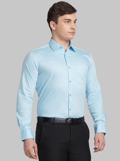 Raymond Blue Solid Contemporary Fit Full Sleeve Cotton Blend Shirt