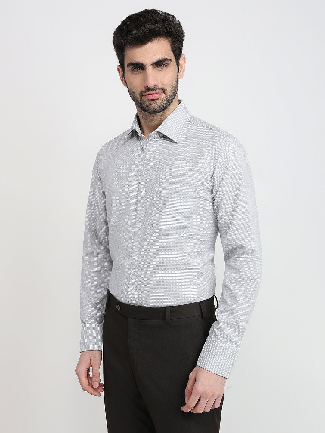 Raymond Men Grey Structure Slim Fit Cotton Full Sleeve Formal Shirt